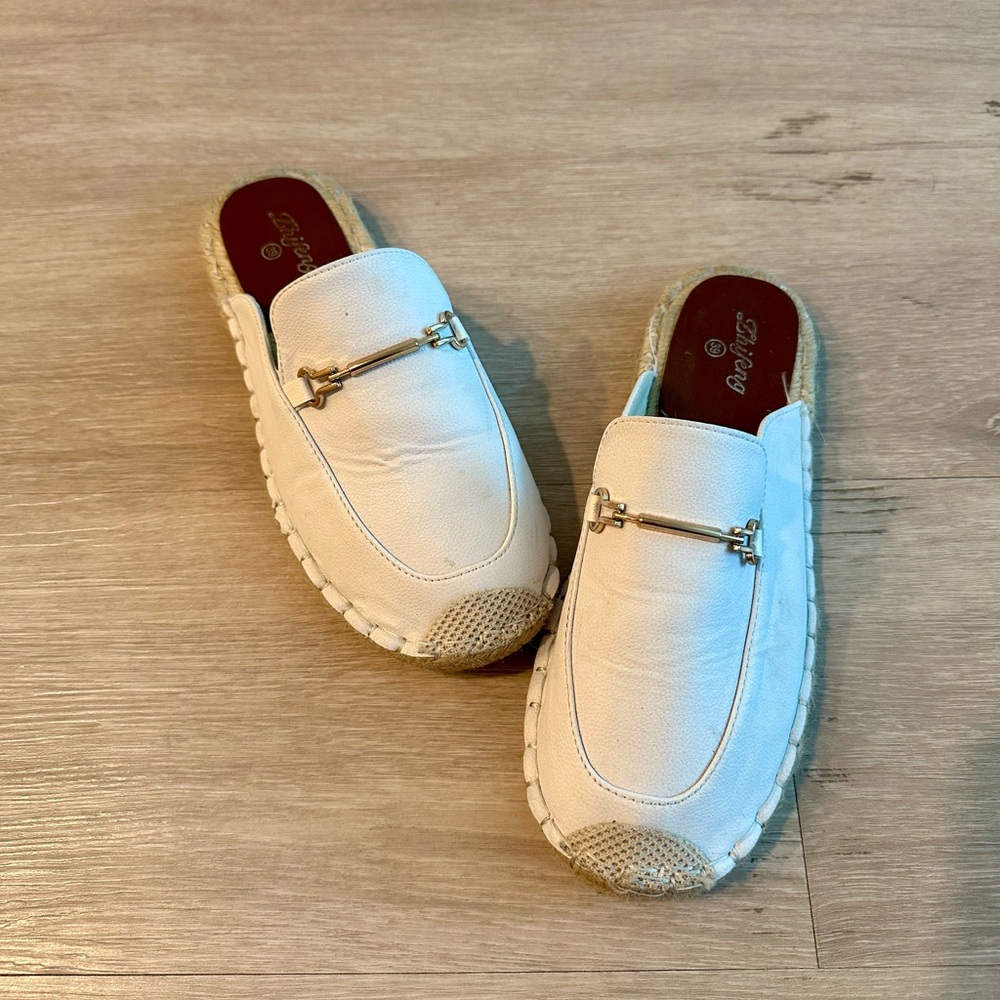 SOLD White Flat Mules with a Buckle